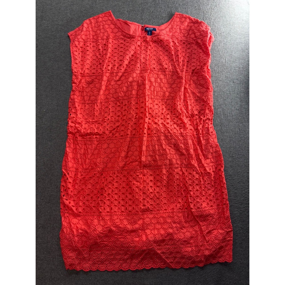 Old Navy Womens XXL Coral Red Eyelet Lace Shift Dress Sleeveless Scalloped Hem